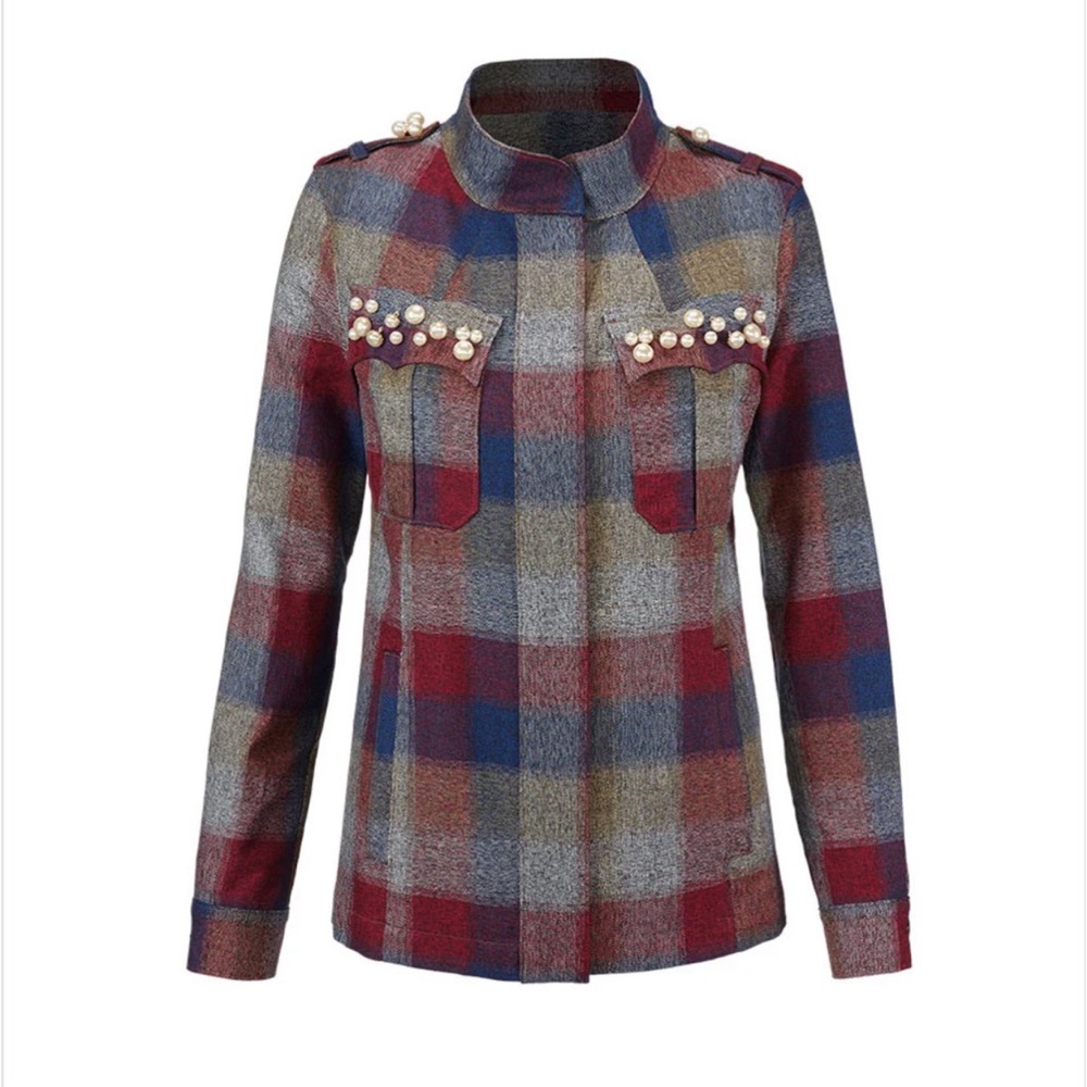 Cabi Plaid Collage Jacket with Pearl Embellishments #3055